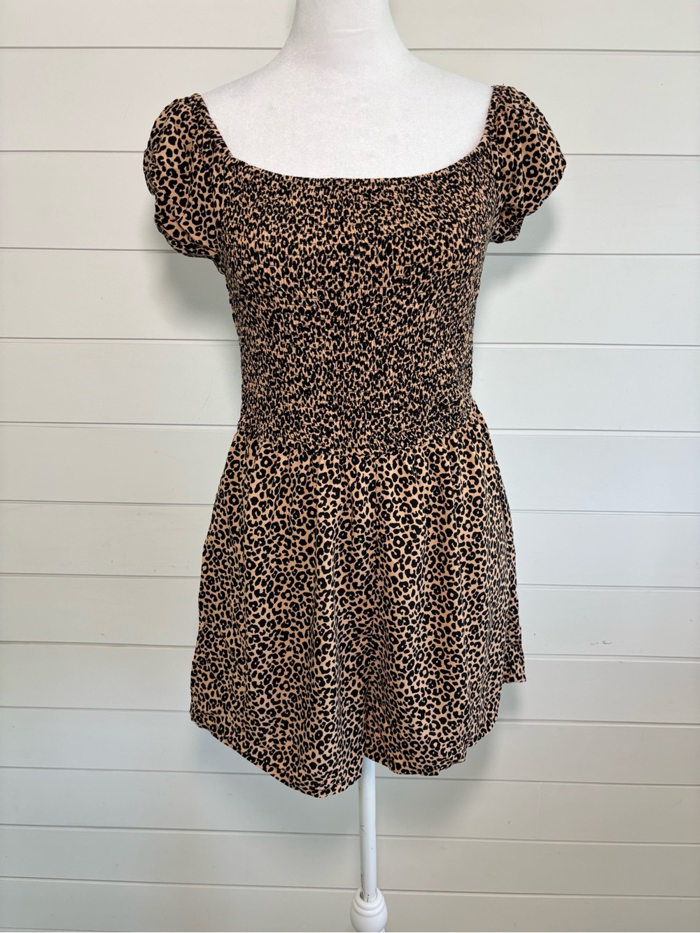 Forever 21 Beige and Black Leopard Print Smocked‎ Romper Size L